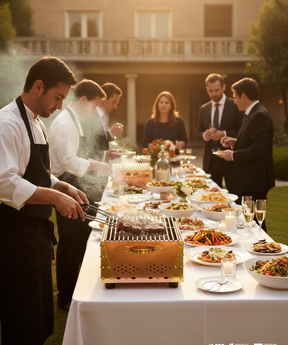 Service traiteur lors d'une réception élégante en extérieur, grillade préparée devant les invités