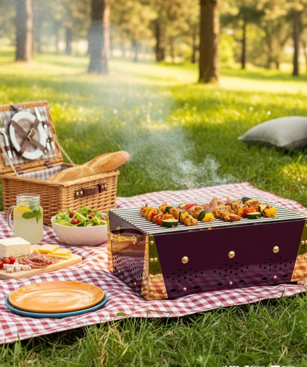 Panier pique-nique, salade et brochettes grillées dans un parc
