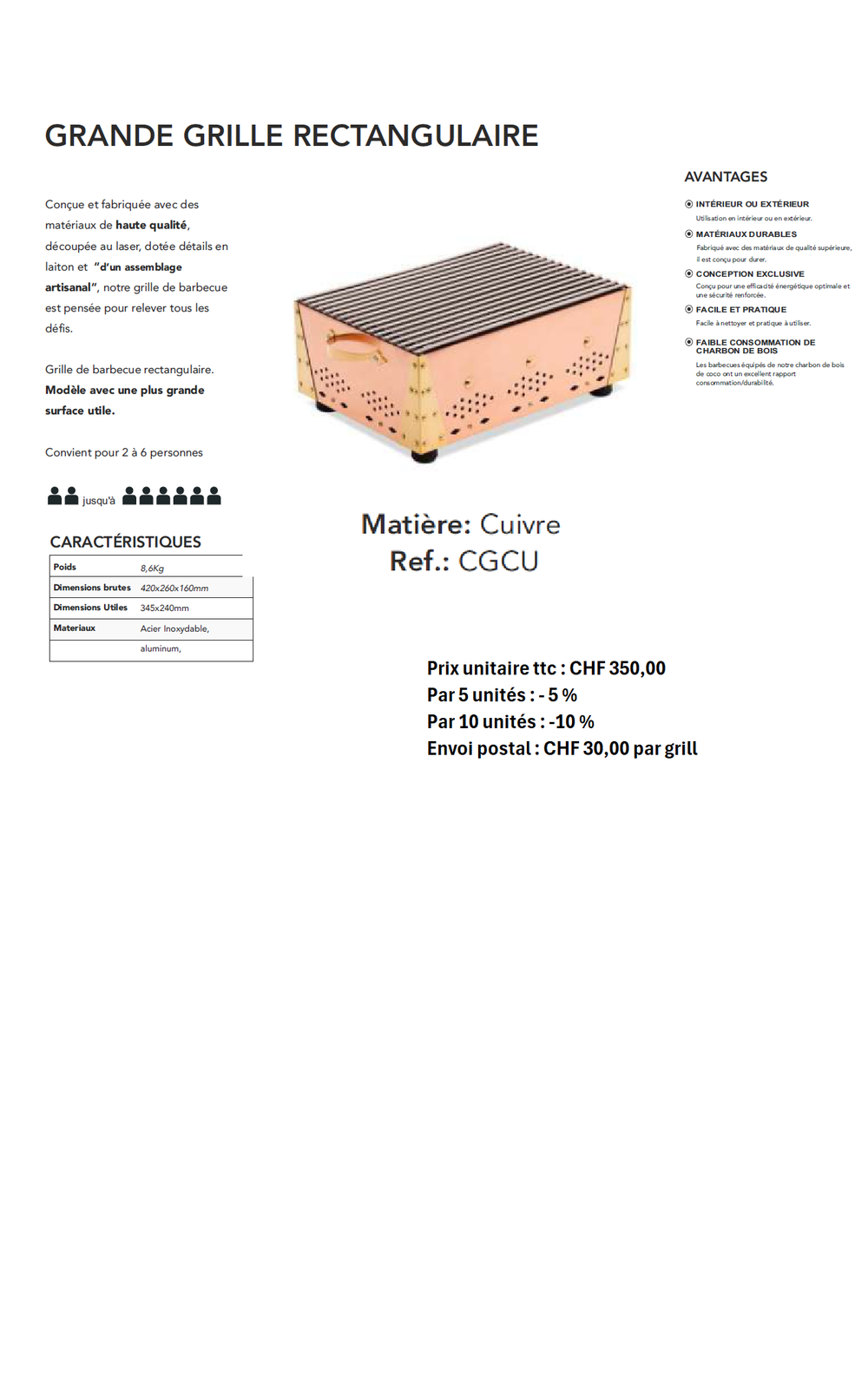 Grande grille de barbecue rectangulaire, finition cuivre