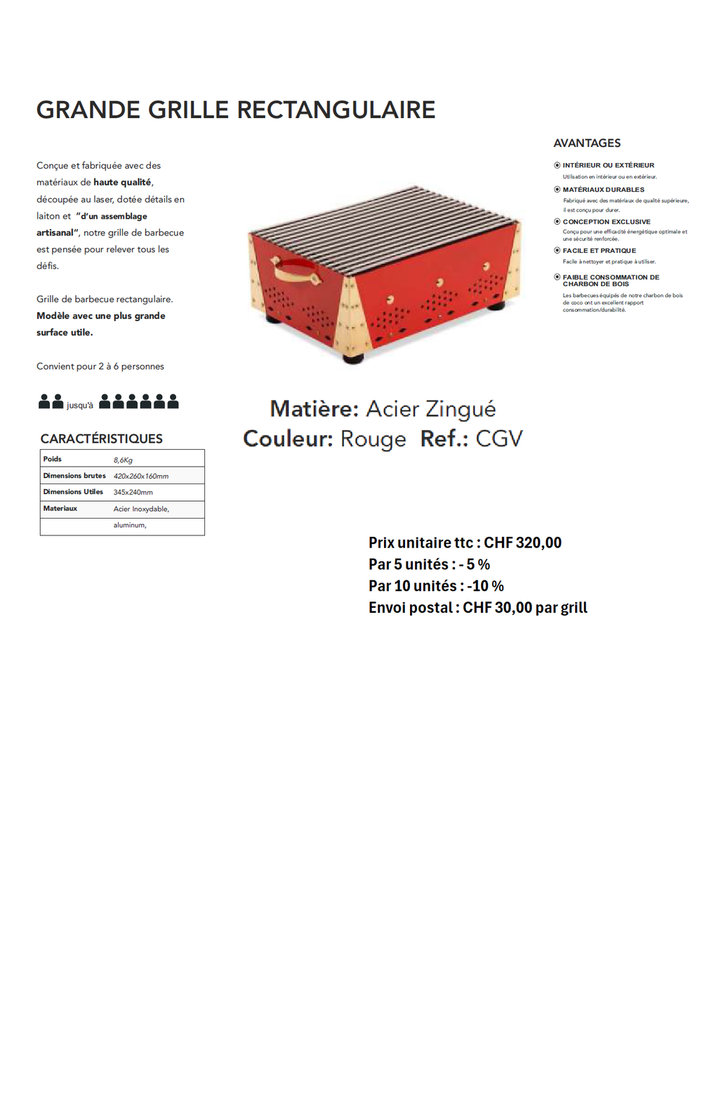 Grande grille rectangulaire, finition rouge