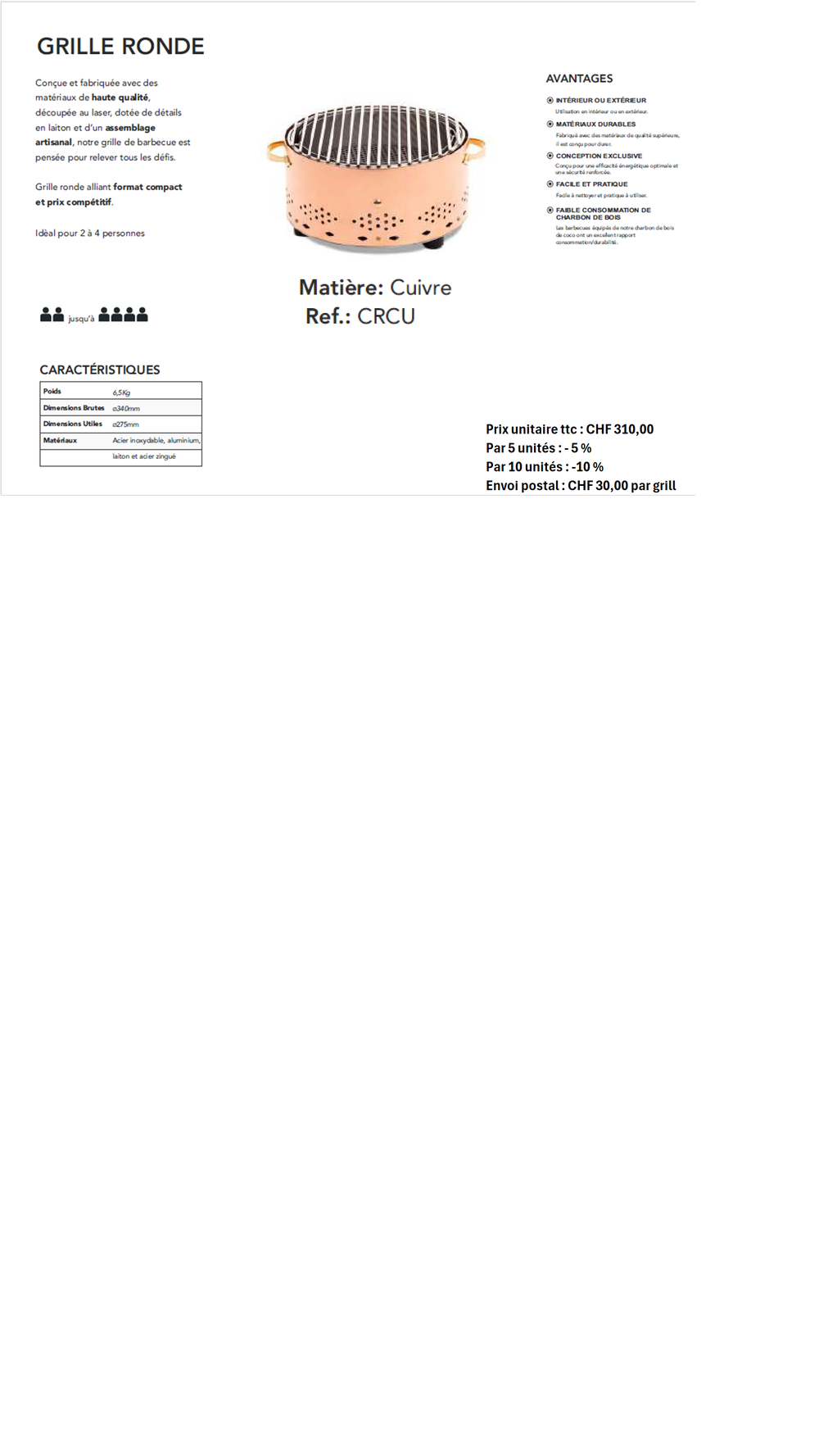 Grille de barbecue ronde, finition cuivre